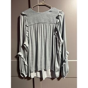 Dolan Ruffle Long Sleeve Peasant Smocked Blouse Keyhole Back Blue Large